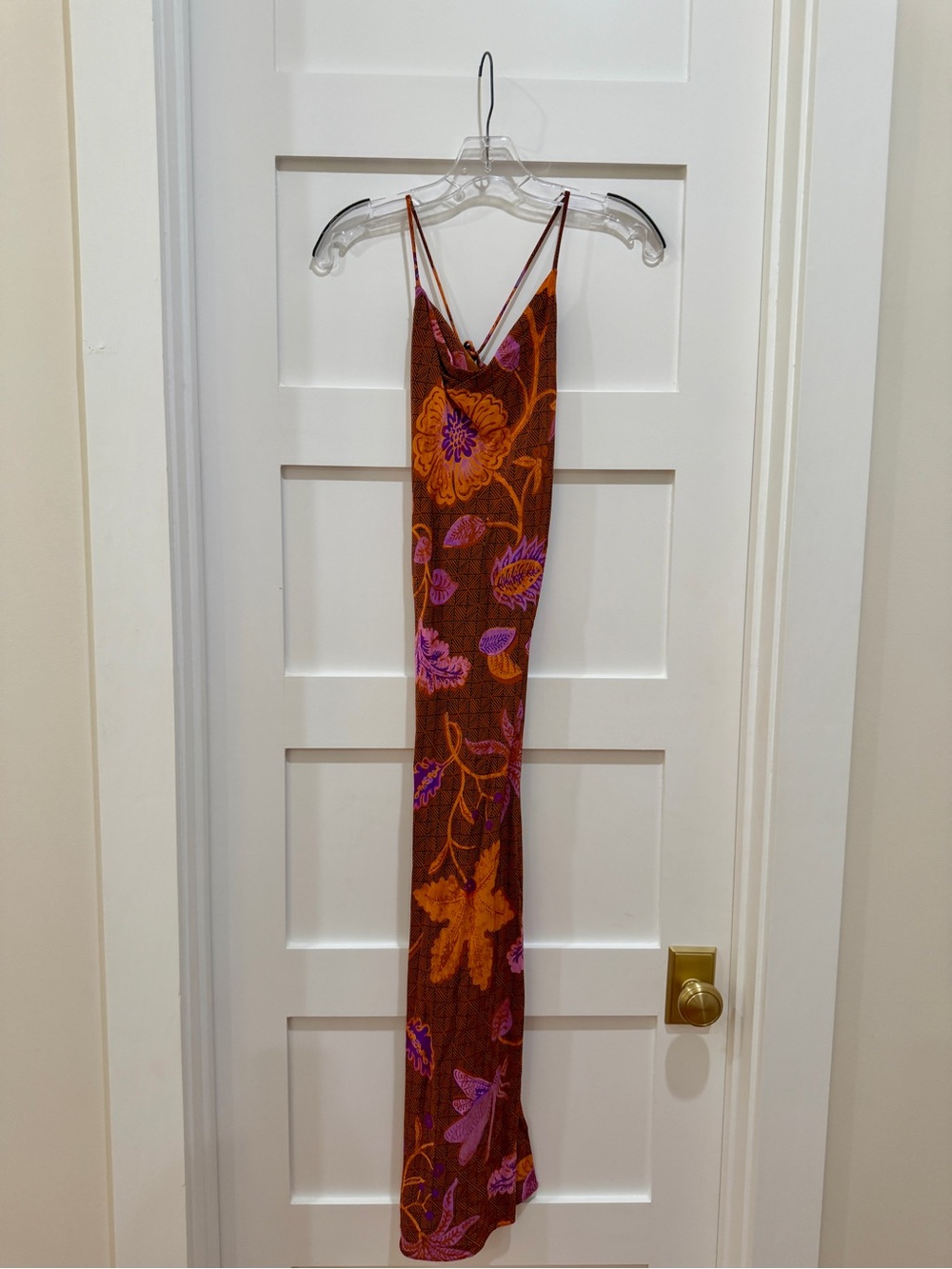 Slip Maxi Dress in Brown with Orange & Pink Floral Print